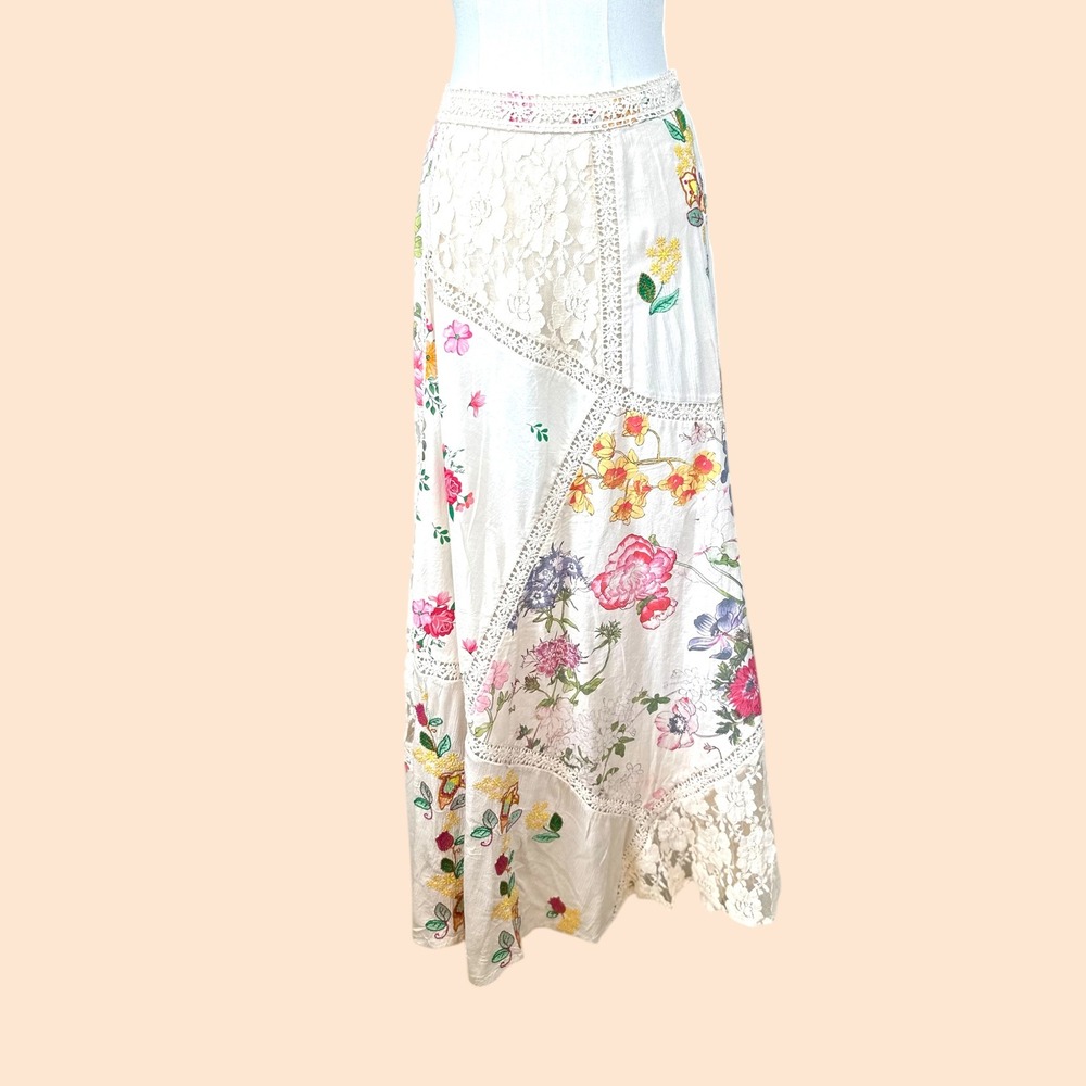 REBA NWT Patchwork Floral Lace Maxi Skirt Cream Boho Festival Prairie Size 6 - Picture 3 of 15